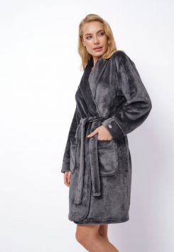 Kurzer Damenbademantel grau – Fleece - Aruelle